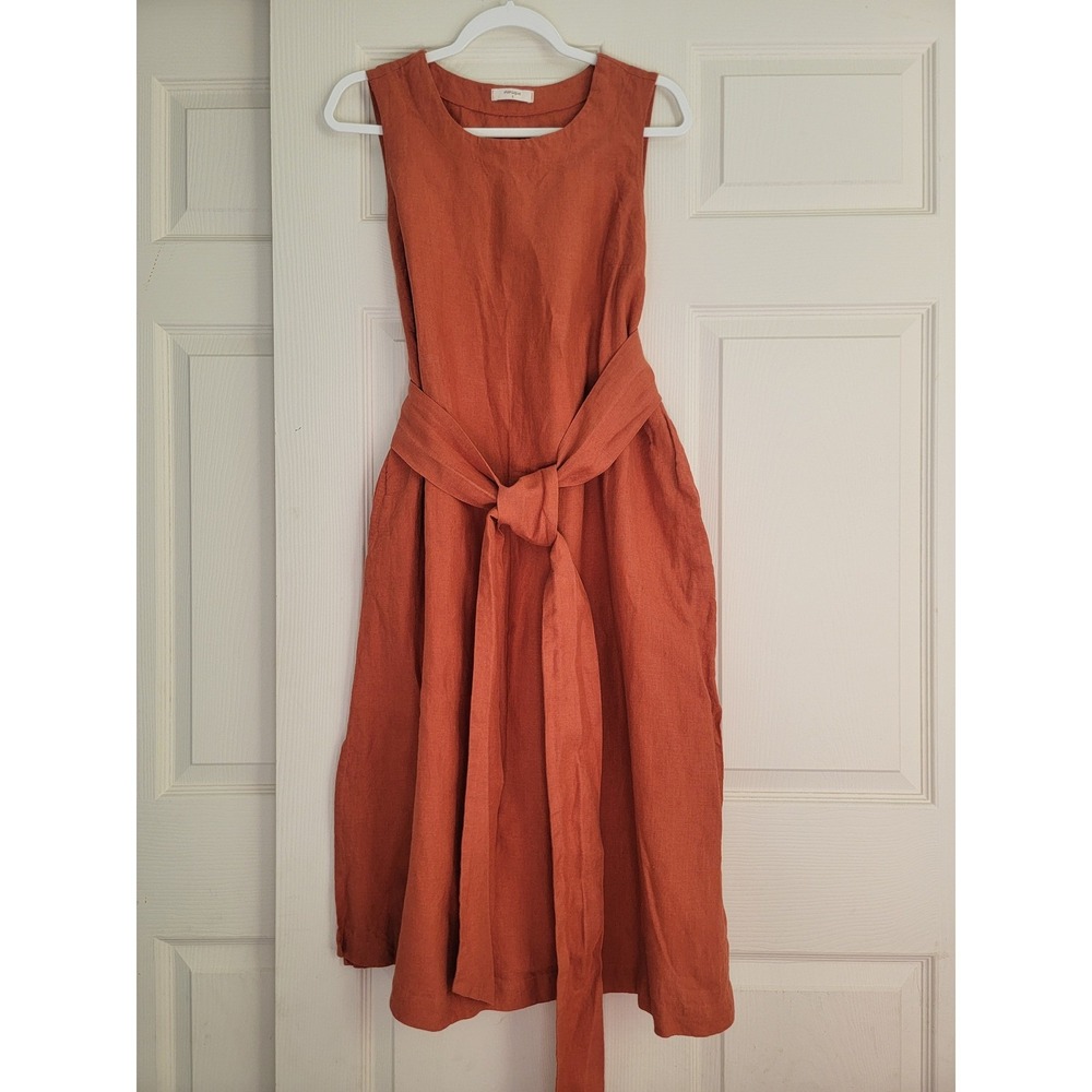 menique 100% Linen Hailey Sleeveless Obi Wrap Midi Dress Belted Red Small Pocket - Picture 3 of 15